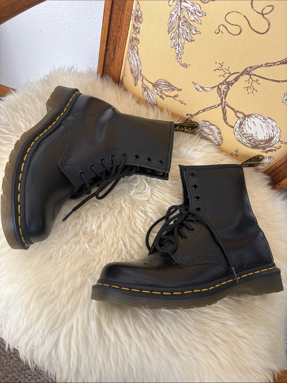 Dr. Martens Black Leather Lace-Up Boots with Yellow Stitching